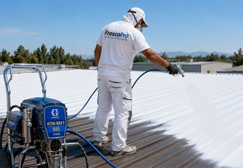 Aplicación de FrescoPro con equipo airless en cubierta industrial